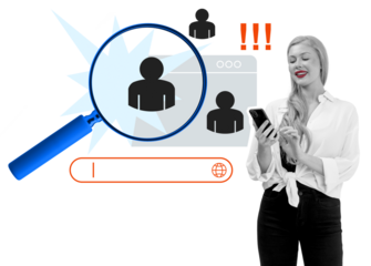 Woman using smartphone with job search icons, magnifying glass, and candidate symbols on white background. Concept of online recruitment and HR process