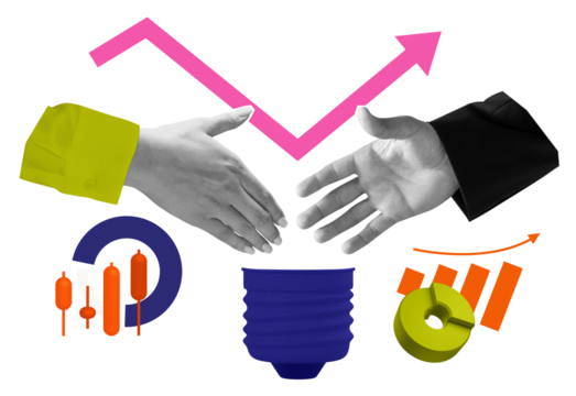 Two hands reaching for a handshake with financial graphs, charts, and symbols in bold colors on a white background. Concept of business agreement and growth - Powered by Adobe