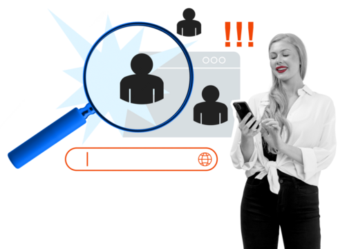 Woman using smartphone with job search icons, magnifying glass, and candidate symbols on white background. Concept of online recruitment and HR process