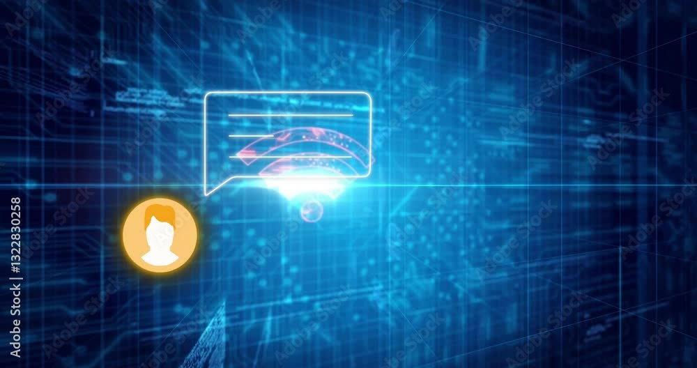 Poster glowing chat bubble with user icon on blue background for digital animation