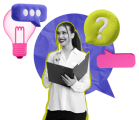 Businesswoman in white shirt holding a notebook, surrounded by colorful speech bubbles and a light bulb on a white background. Concept of creativity and communication