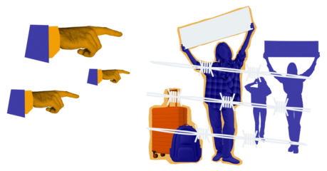 Collage of pointing hands and migrants with luggage behind barbed wire, holding blank signs. Isolated on white background. Concept of immigration and deportation