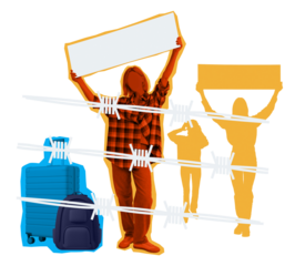 Silhouetted protesters holding blank signs with barbed wire and luggage on white background. Concept of immigration policy, deportation, and removal