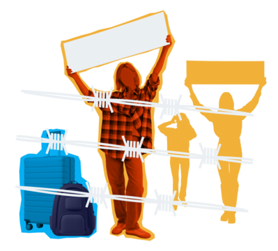 Silhouetted protesters holding blank signs with barbed wire and luggage on white background. Concept of immigration policy, deportation, and removal