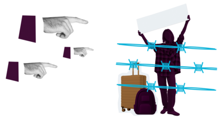 Conceptual collage of hands pointing and a migrant behind barbed wire holding a blank sign, with luggage nearby, symbolizing deportation and immigration issues