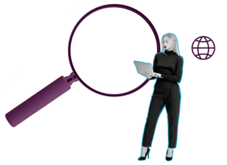 Businesswoman holding laptop near large magnifying glass and globe icon on white background. Concept of web search, online research, and digital exploration