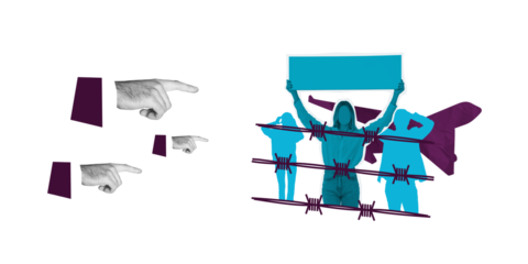 Surreal collage of hands pointing at protesting immigrants behind barbed wire, with abstract cutouts and bold colors, symbolizing immigration policy and deportation