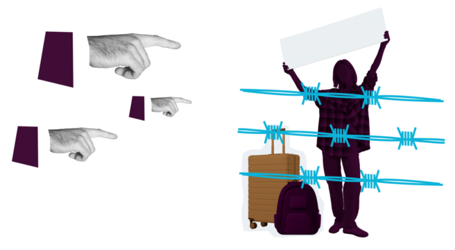 Conceptual collage of hands pointing and a migrant behind barbed wire holding a blank sign, with luggage nearby, symbolizing deportation and immigration issues