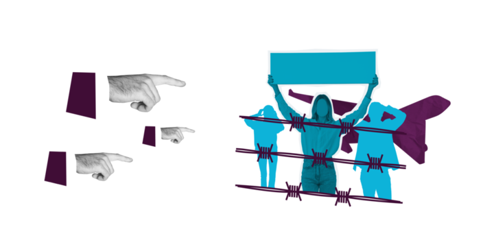 Surreal collage of hands pointing at protesting immigrants behind barbed wire, with abstract cutouts and bold colors, symbolizing immigration policy and deportation