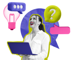 Woman holding a laptop, smiling, with colorful speech bubbles and a light bulb around her on a white background. Concept of communication and creativity