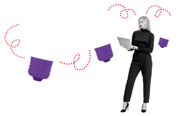 Woman in stylish outfit holding laptop, surrounded by purple abstract elements and red dotted lines on white background. Concept of innovation and creativity