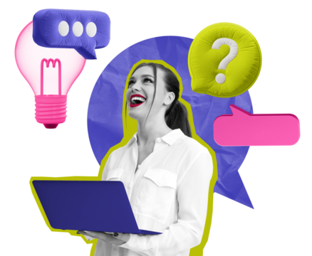 Woman holding a laptop, smiling, with colorful speech bubbles and a light bulb around her on a white background. Concept of communication and creativity