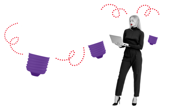 Woman in stylish outfit holding laptop, surrounded by purple abstract elements and red dotted lines on white background. Concept of innovation and creativity