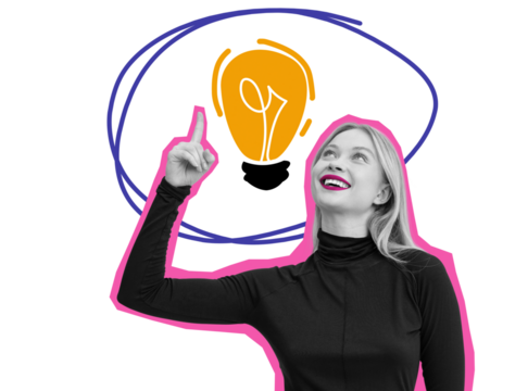 Woman inturtleneck pointing up with a speech bubble containing a light bulb illustration on a white background. Concept of idea and creativity