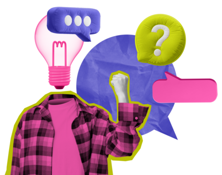 Abstract collage featuring speech bubbles, a pink light bulb, and a person in a pink checkered shirt raising a fist, set against a white background. Concept of communication and ideas