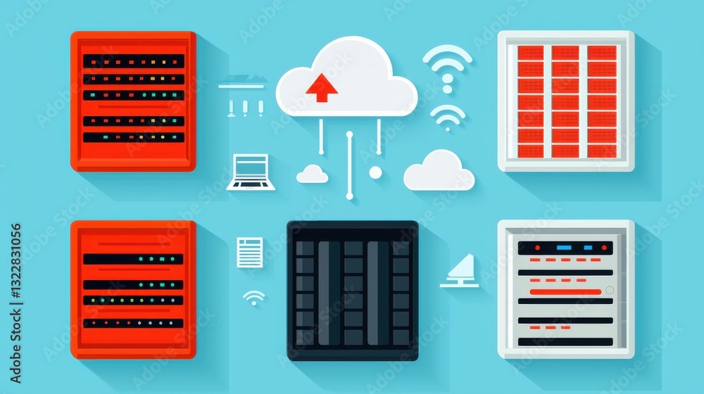 Poster data center icon infographic concept. flat design infographic of a modern data center with cloud and