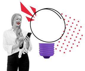 Woman in white shirt using smartphone, standing near abstract speech bubble with geometric elements on white background. Concept of communication and ideas