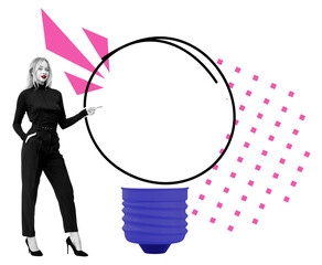 Woman inoutfit pointing at an empty circular speech bubble forming a light bulb shape, with pink geometric elements on a white background. Concept of ideas
