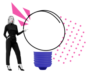 Woman inoutfit pointing at an empty circular speech bubble forming a light bulb shape, with pink geometric elements on a white background. Concept of ideas