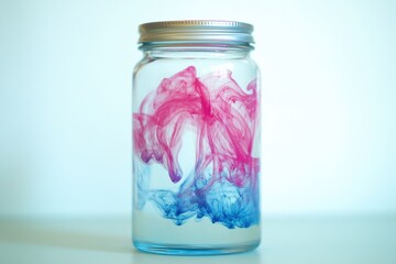 Colorful Swirling Ink in Glass Jar on Light Background