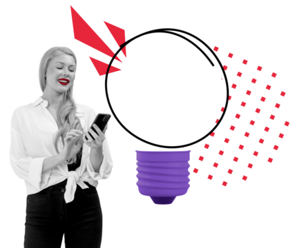 Woman in white shirt using smartphone, standing near abstract speech bubble with geometric elements on white background. Concept of communication and ideas