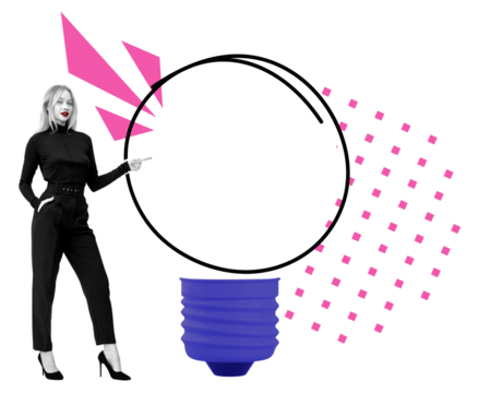 Woman inoutfit pointing at an empty circular speech bubble forming a light bulb shape, with pink geometric elements on a white background. Concept of ideas