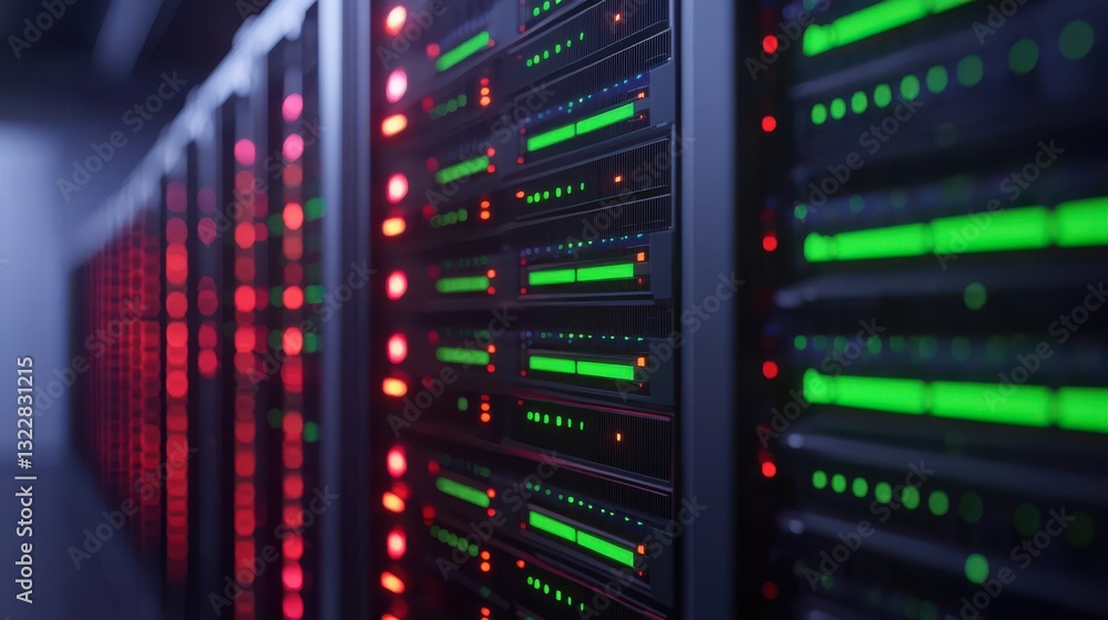 Poster data center icon infographic concept. futuristic illuminated data center with high performance compu