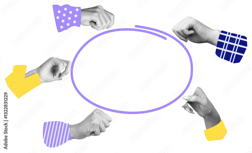 Poster multiple hands with colorful sleeves surround an empty speech bubble on white background. concept of