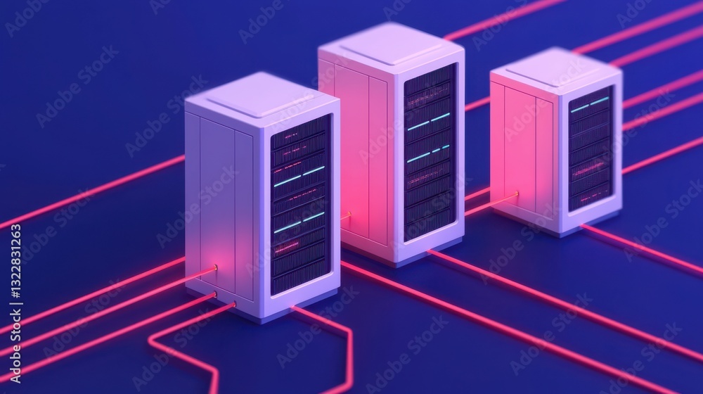 Poster data center icon infographic concept. futuristic neon data center infrastructure with glowing server