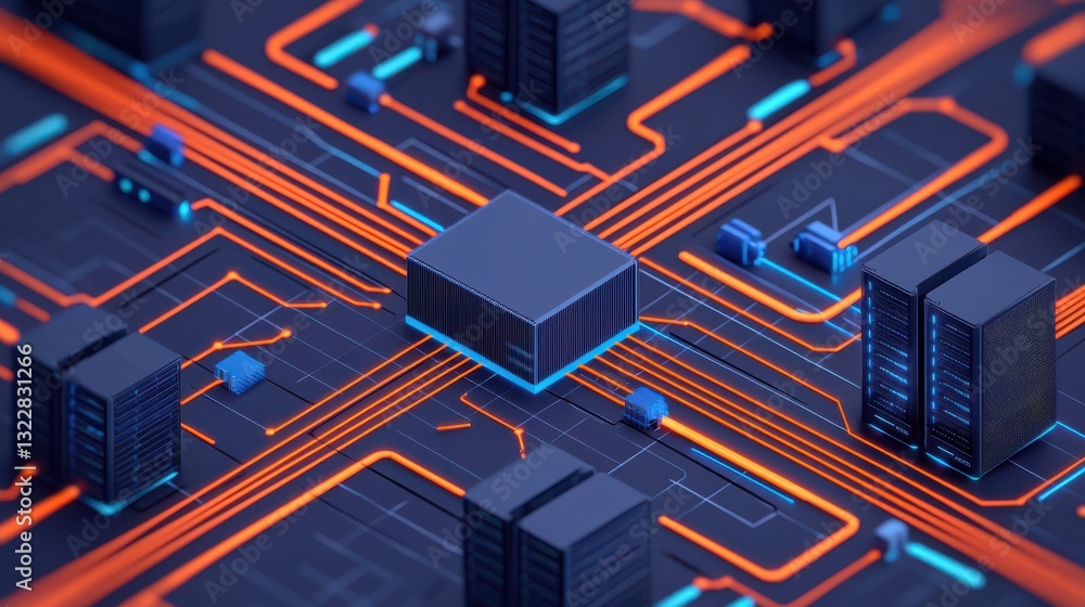 Poster data center icon infographic concept. futuristic isometric datacenter infographic with interconnecte