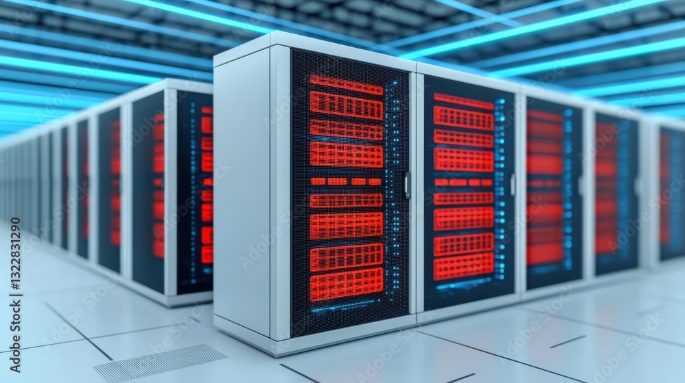Poster data center icon infographic concept. futuristic isometric data center with illuminated server racks