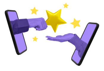 Two hands extending from smartphones exchanging a golden star on a white background, symbolizing online customer feedback, rating, and service reputation