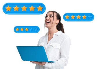 Smiling woman in white shirt holding blue laptop with floating rating stars around her on a white...
