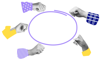 Multiple hands with colorful sleeves surround an empty speech bubble on white background. Concept of discussion, conversation, teamwork, and communication