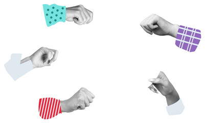 Various human hands with colorful sleeves in different gestures, isolated on white background. Concept of communication, teamwork, interaction, and diversity