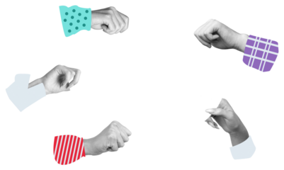 Various human hands with colorful sleeves in different gestures, isolated on white background. Concept of communication, teamwork, interaction, and diversity