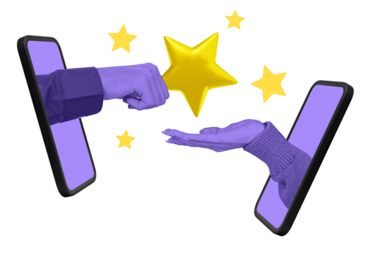 Two hands extending from smartphones exchanging a golden star on a white background, symbolizing online customer feedback, rating, and service reputation