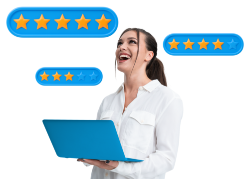 Smiling woman in white shirt holding blue laptop with floating rating stars around her on a white background. Concept of online reviews and customer feedback
