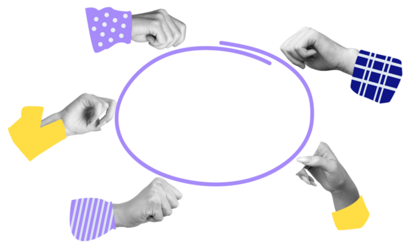 Multiple hands with colorful sleeves surround an empty speech bubble on white background. Concept of discussion, conversation, teamwork, and communication