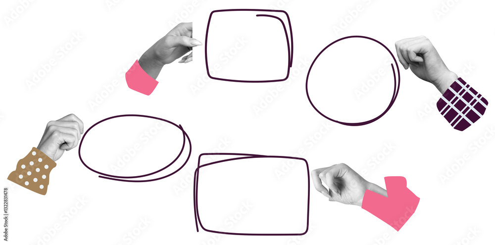 Poster hands in various sleeve styles hold outlined empty speech bubbles on a white background. the concept