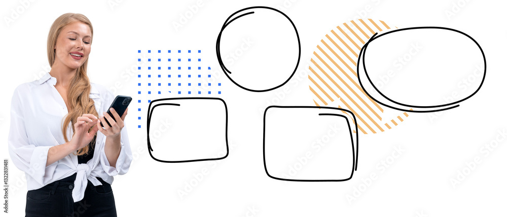 Aufkleber smiling woman using smartphone with hand-drawn speech bubbles and abstract design elements on white 