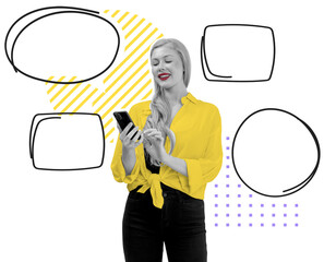 Happy woman using smartphone with empty speech bubbles around her on a white background. Modern design concept for communication, social media, or messaging