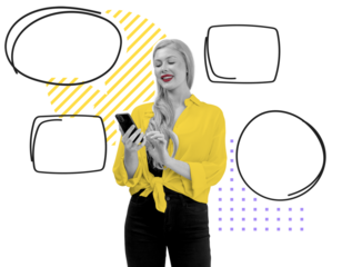 Happy woman using smartphone with empty speech bubbles around her on a white background. Modern design concept for communication, social media, or messaging