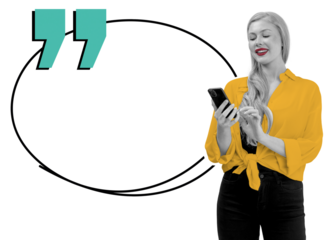 Happy woman in yellow shirt using smartphone with empty speech bubble outline. Isolated on white background, concept for communication and messaging