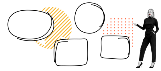 Hand-drawn empty speech bubbles with a stylish woman pointing at them, set against a white background. Concept of communication, dialogue, and ideas