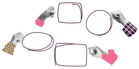 Hands in various sleeve styles hold outlined empty speech bubbles on a white background. The concept represents communication, conversation, and discussion