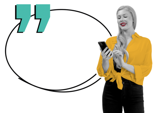 Happy woman in yellow shirt using smartphone with empty speech bubble outline. Isolated on white background, concept for communication and messaging - Powered by Adobe