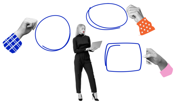 Woman holding a laptop, surrounded by floating hands and outlined speech bubbles, isolated on white background. Concept of communication and messaging