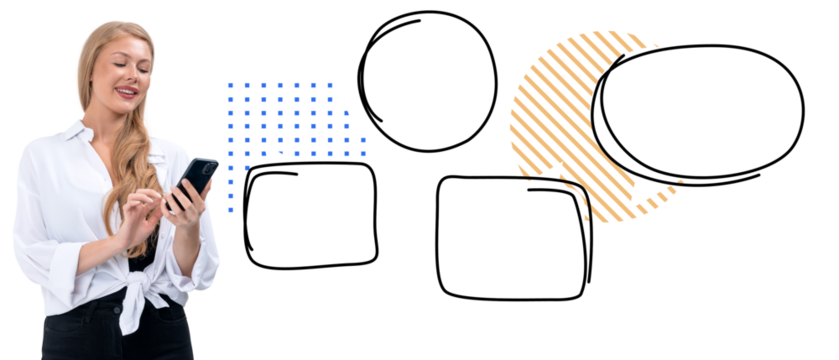 Smiling woman using smartphone with hand-drawn speech bubbles and abstract design elements on white background. Concept of communication and social media