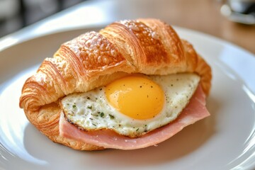 Delicious Croissant Sandwich with Egg and Ham on White Plate